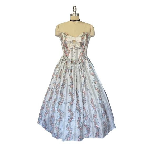 Gunne Sax Vintage 80s Strapless Satin Princess Dress Size 9 Floral Stripe Bows - Picture 2 of 10